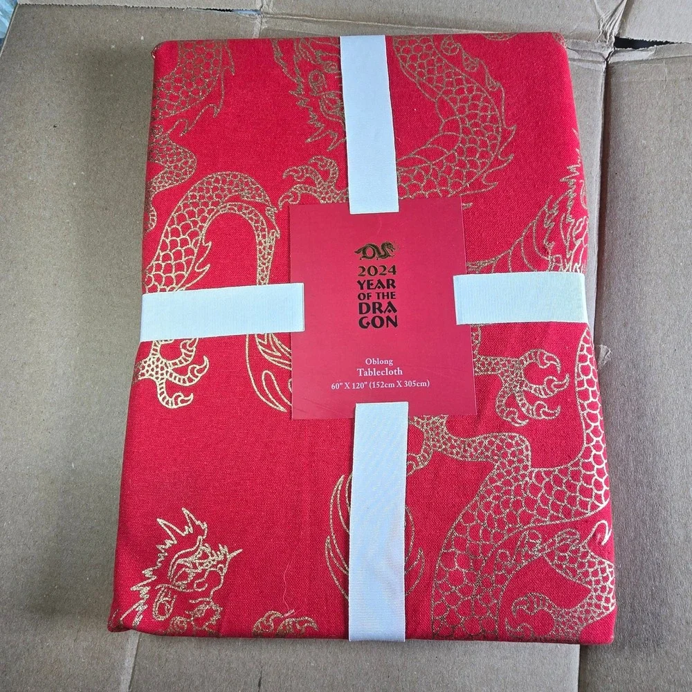 Year of the Dragon 2024 Red‎ Gold Oblong Tablecloth 60x120 Cotton Lunar New Year